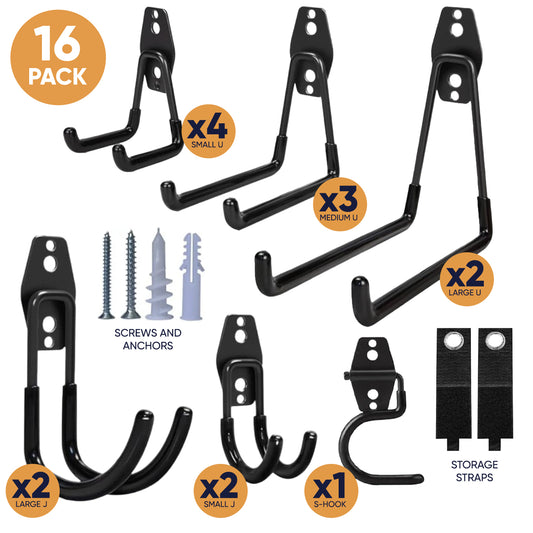 Steel Heavy Duty Garage Hooks Storage Hooks with Anti-Slip Coating, Utility Garage Wall Mount Hanger and Organizer for Bikes, Ladder, Rope, Broom, Shovel and Garden Power Tools (16, Black)