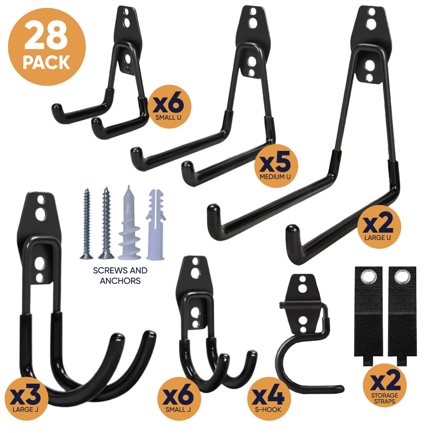 Steel Heavy Duty Garage Hooks Storage Hooks with Anti-Slip Coating, Utility Garage Wall Mount Hanger and Organizer for Bikes, Ladder, Rope, Broom, Shovel and Garden Power Tools (28, Black)