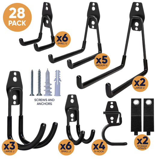 Steel Heavy Duty Garage Hooks Storage Hooks with Anti-Slip Coating, Utility Garage Wall Mount Hanger and Organizer for Bikes, Ladder, Rope, Broom, Shovel and Garden Power Tools (28, Black)