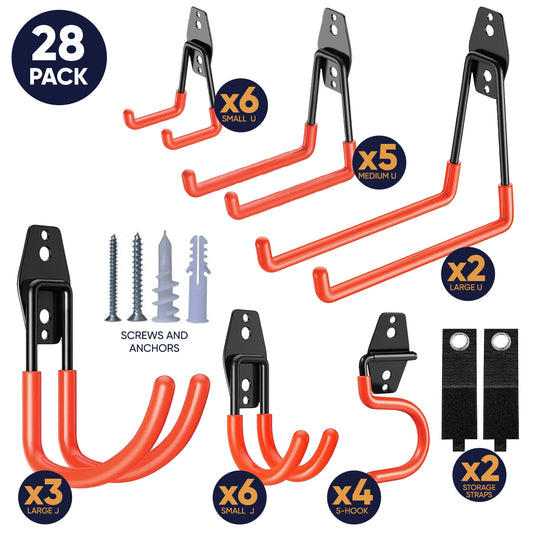 Steel Heavy Duty Garage Hooks Storage Hooks with Anti-Slip Coating, Utility Garage Wall Mount Hanger and Organizer for Bikes, Ladder, Rope, Broom, Shovel and Garden Power Tools (28, Orange)